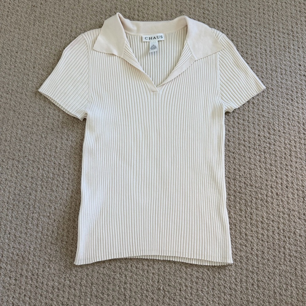 Chaus Women's Cream Silk Blend Ribbed V Neck Blouse Size XL